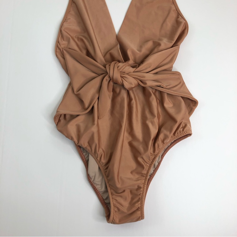 Sculpting Halter One-Piece Swimsuit in Warm Tan - Picture 3 of 16